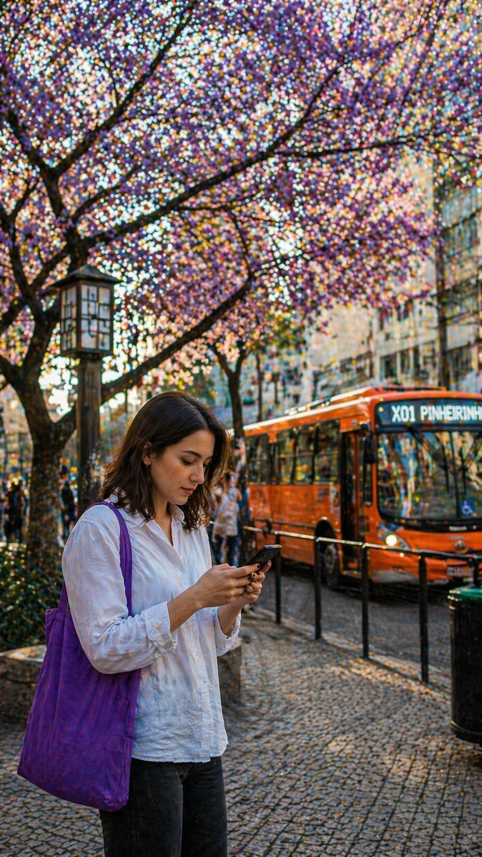 Mulher com celular na Praça do Japão, em Curitiba