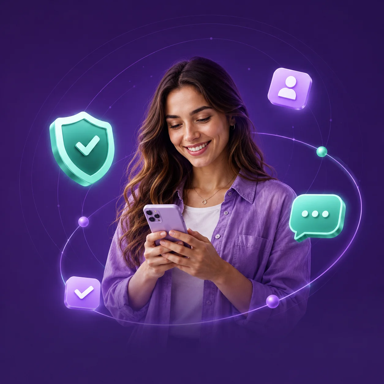 Mulher sorrindo usando o app da Clubfix no celular, cercada por ícones de proteção, atendimento e cobertura