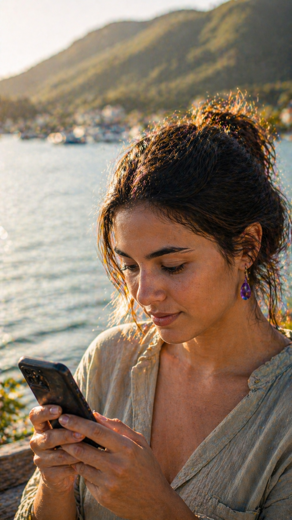 Mulher na orla de Florianópolis ao entardecer, com o celular protegido