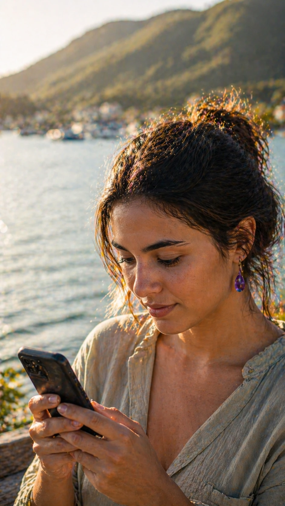 Mulher na orla de Florianópolis ao entardecer, com o celular protegido