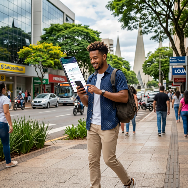 Pessoa sorrindo usando celular protegido pela Clubfix